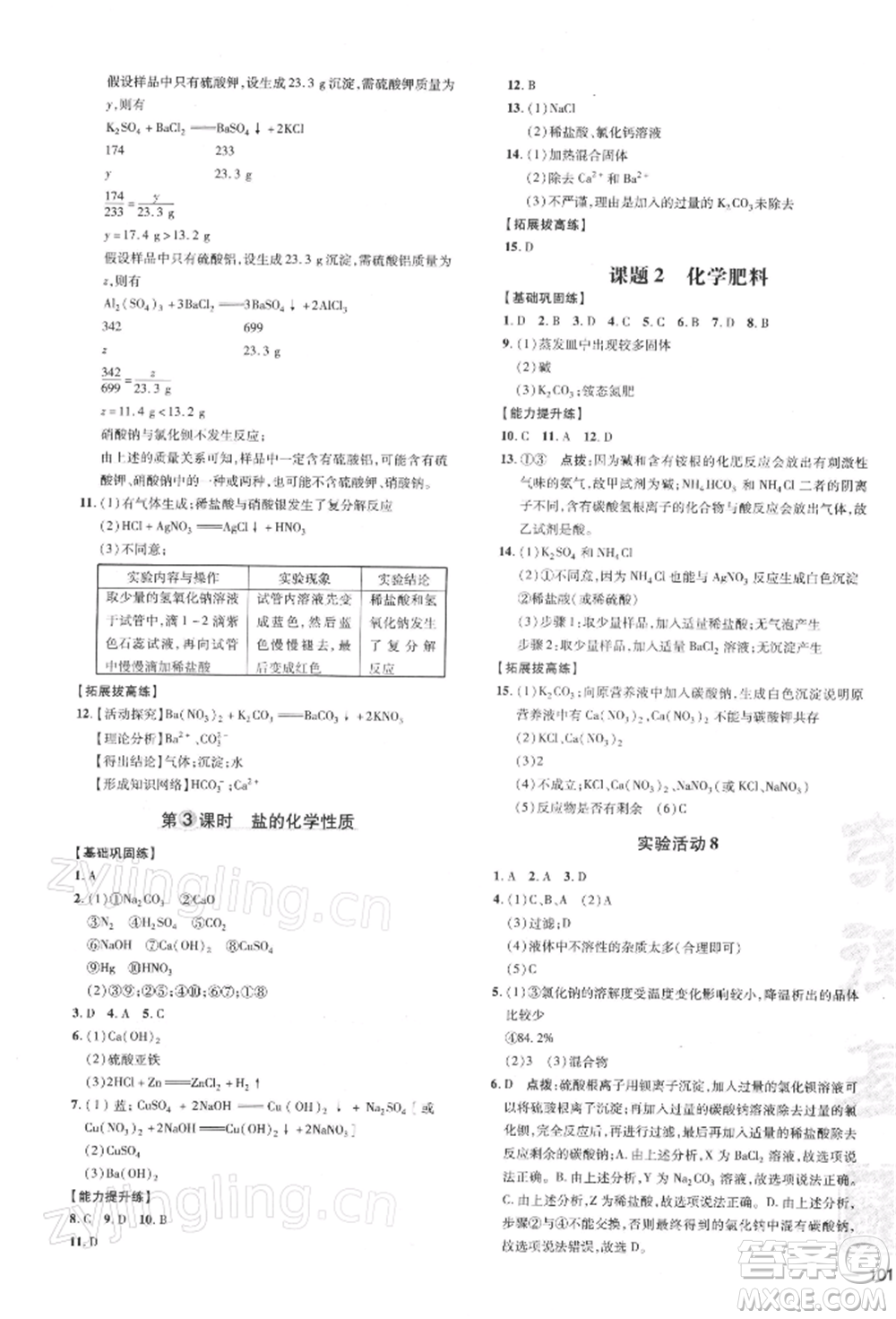 安徽教育出版社2022點撥訓練課時作業(yè)本九年級下冊化學人教版安徽專版參考答案