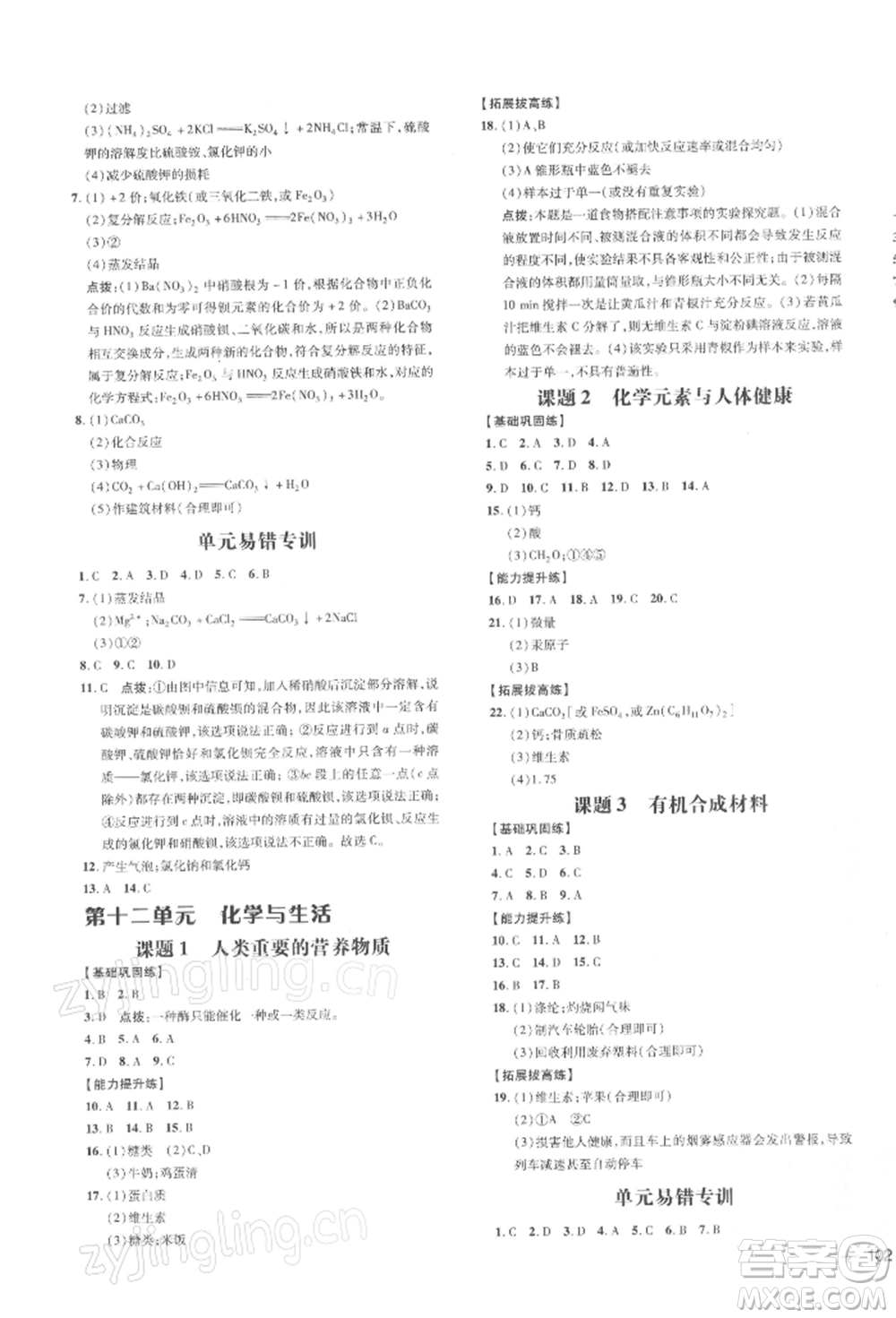 安徽教育出版社2022點撥訓練課時作業(yè)本九年級下冊化學人教版安徽專版參考答案