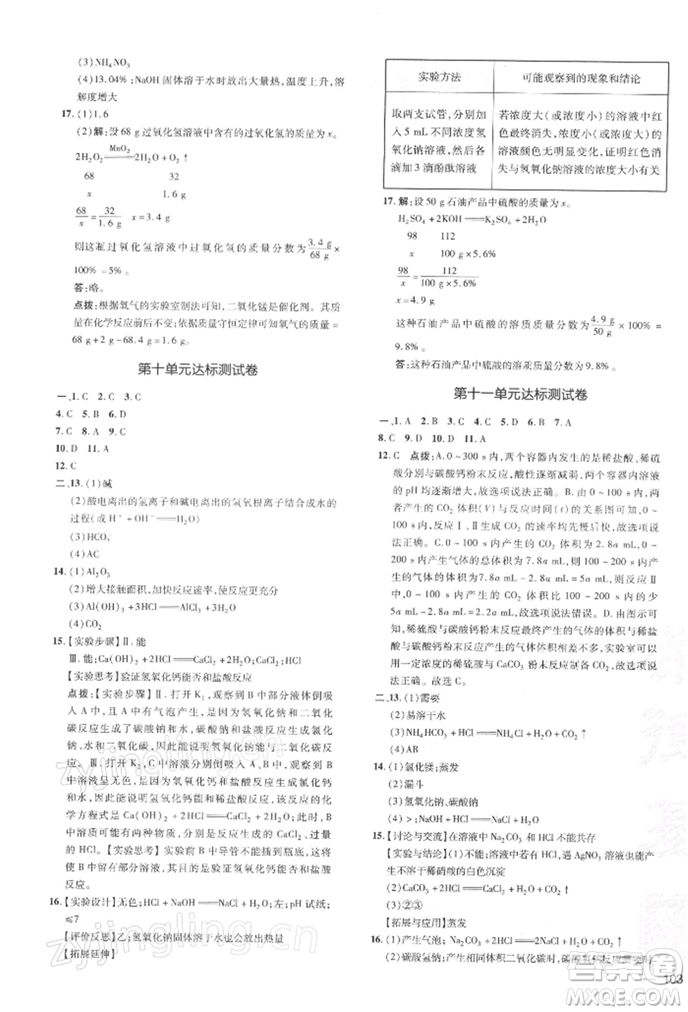 安徽教育出版社2022點撥訓練課時作業(yè)本九年級下冊化學人教版安徽專版參考答案