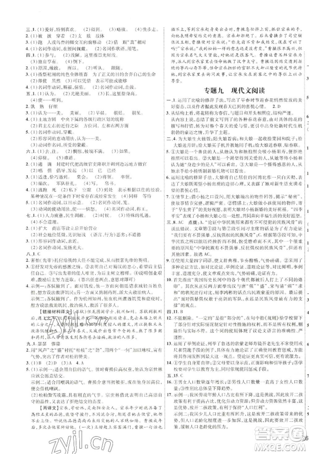 吉林教育出版社2022點撥訓(xùn)練課時作業(yè)本九年級下冊語文人教版參考答案