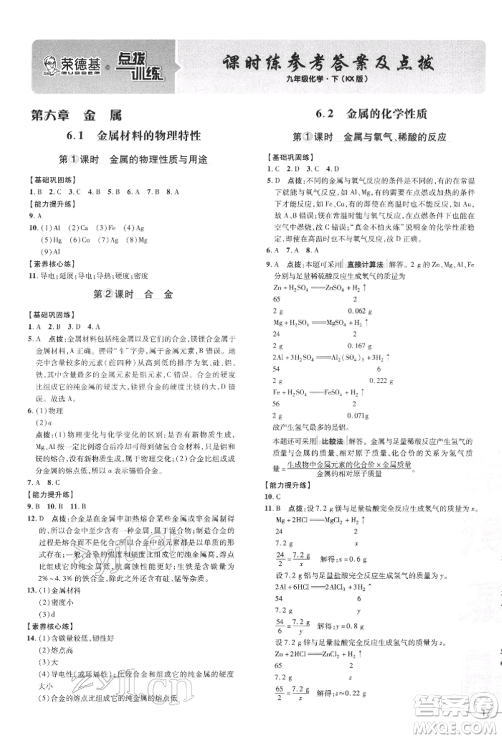 吉林教育出版社2022點(diǎn)撥訓(xùn)練課時(shí)作業(yè)本九年級(jí)下冊(cè)化學(xué)科學(xué)版參考答案