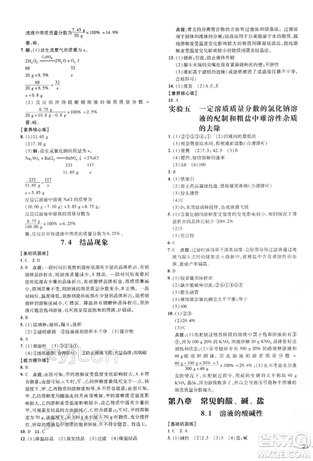 吉林教育出版社2022點(diǎn)撥訓(xùn)練課時(shí)作業(yè)本九年級(jí)下冊(cè)化學(xué)科學(xué)版參考答案