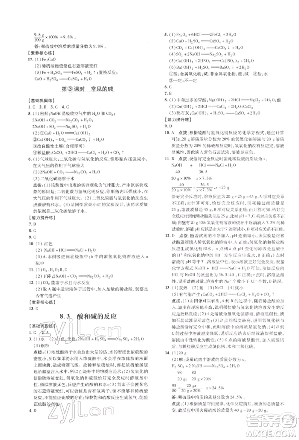 吉林教育出版社2022點(diǎn)撥訓(xùn)練課時(shí)作業(yè)本九年級(jí)下冊(cè)化學(xué)科學(xué)版參考答案
