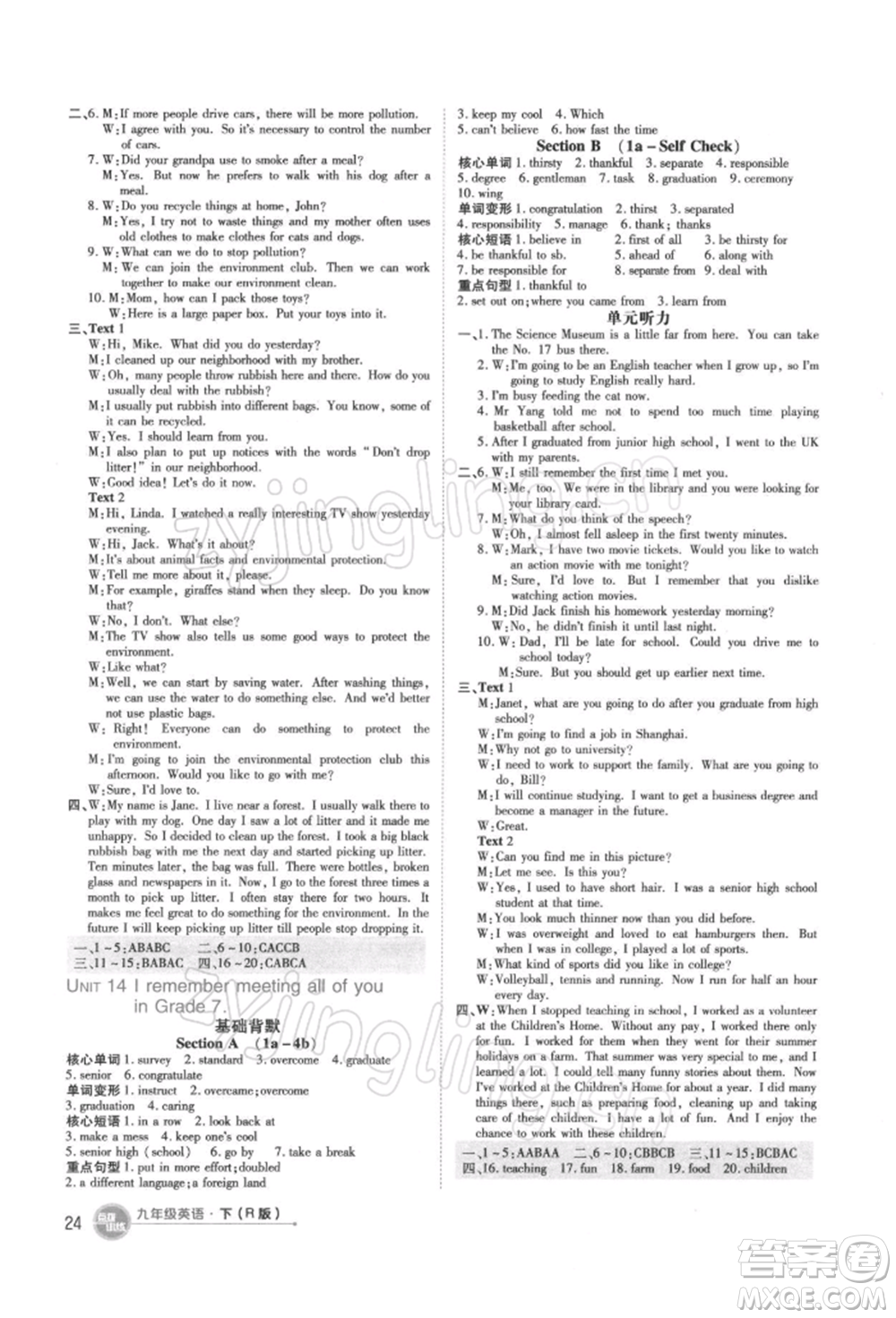 吉林教育出版社2022點撥訓練課時作業(yè)本九年級下冊英語人教版參考答案