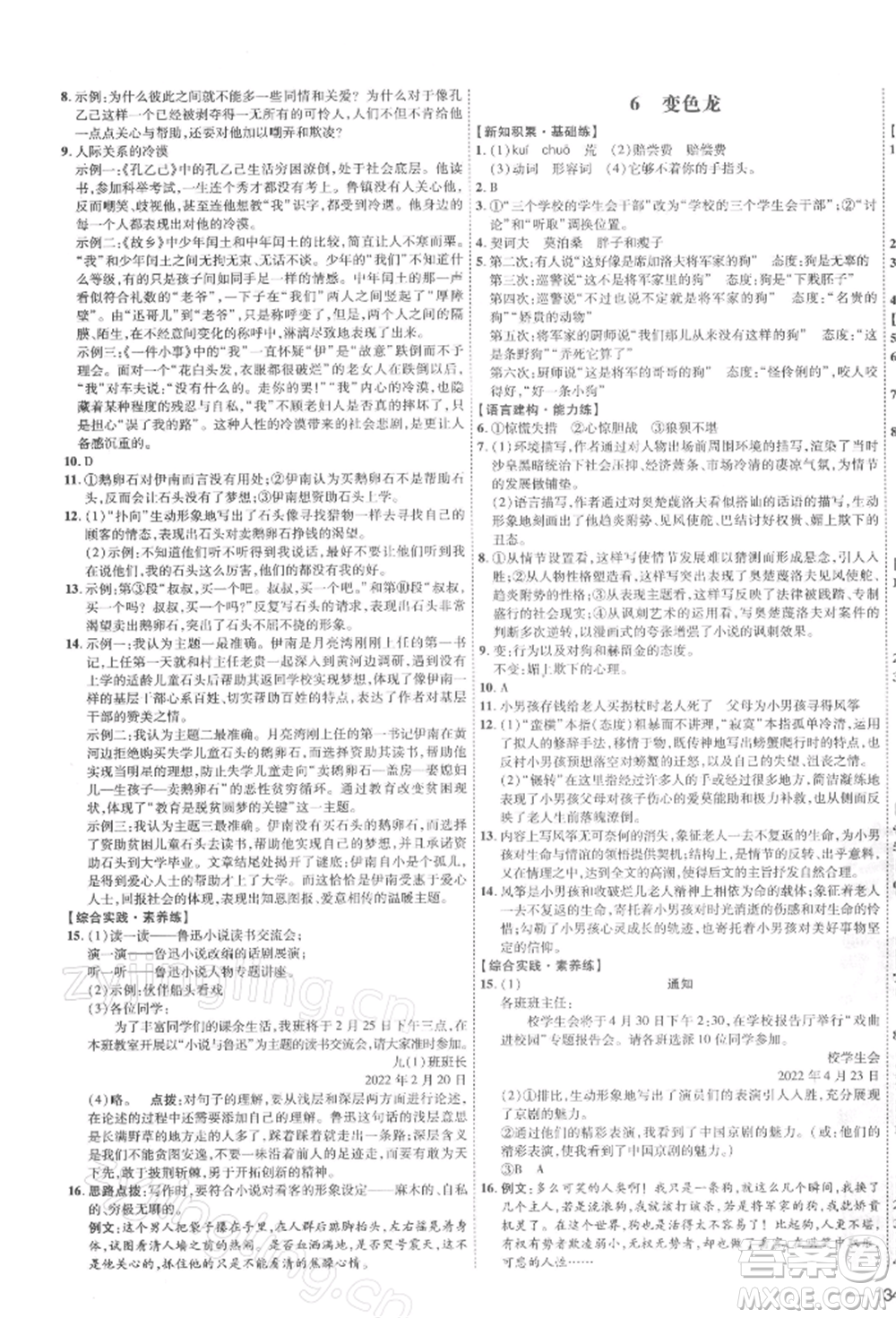 安徽教育出版社2022點(diǎn)撥訓(xùn)練課時(shí)作業(yè)本九年級(jí)下冊(cè)語(yǔ)文人教版安徽專版參考答案