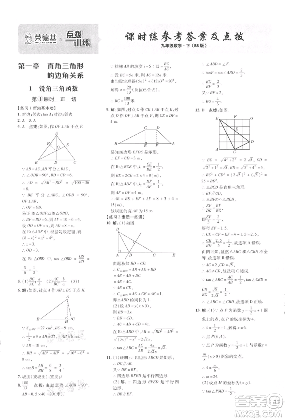 安徽教育出版社2022點(diǎn)撥訓(xùn)練課時(shí)作業(yè)本九年級(jí)下冊(cè)數(shù)學(xué)北師大版參考答案