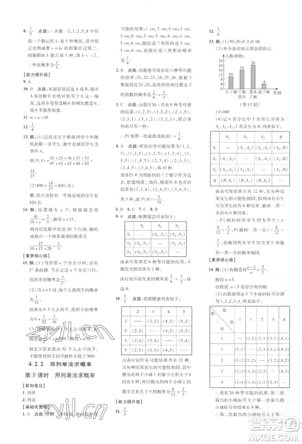 吉林教育出版社2022點(diǎn)撥訓(xùn)練課時(shí)作業(yè)本九年級(jí)下冊(cè)數(shù)學(xué)湘教版參考答案