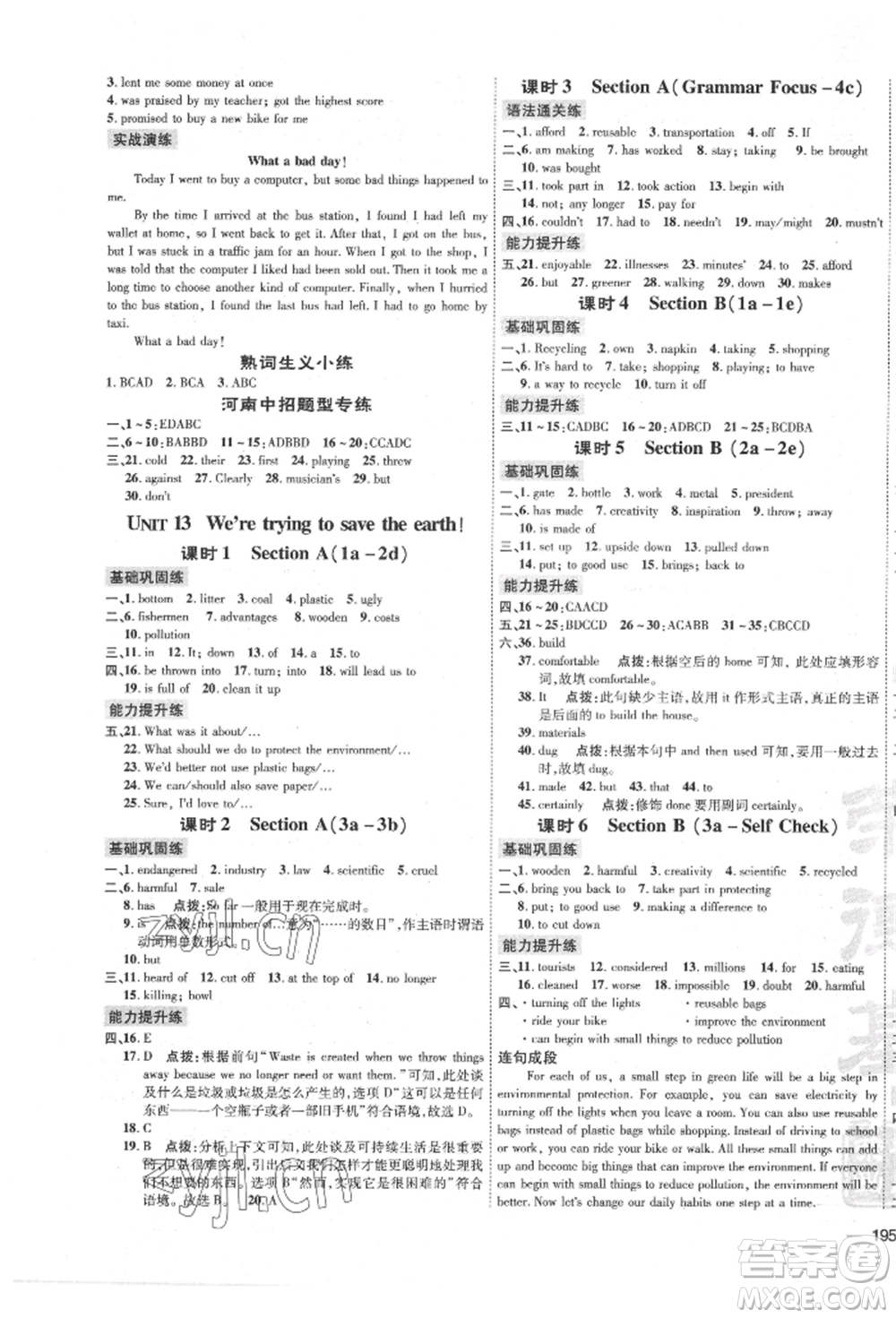 安徽教育出版社2022點(diǎn)撥訓(xùn)練課時作業(yè)本九年級英語人教版河南專版參考答案