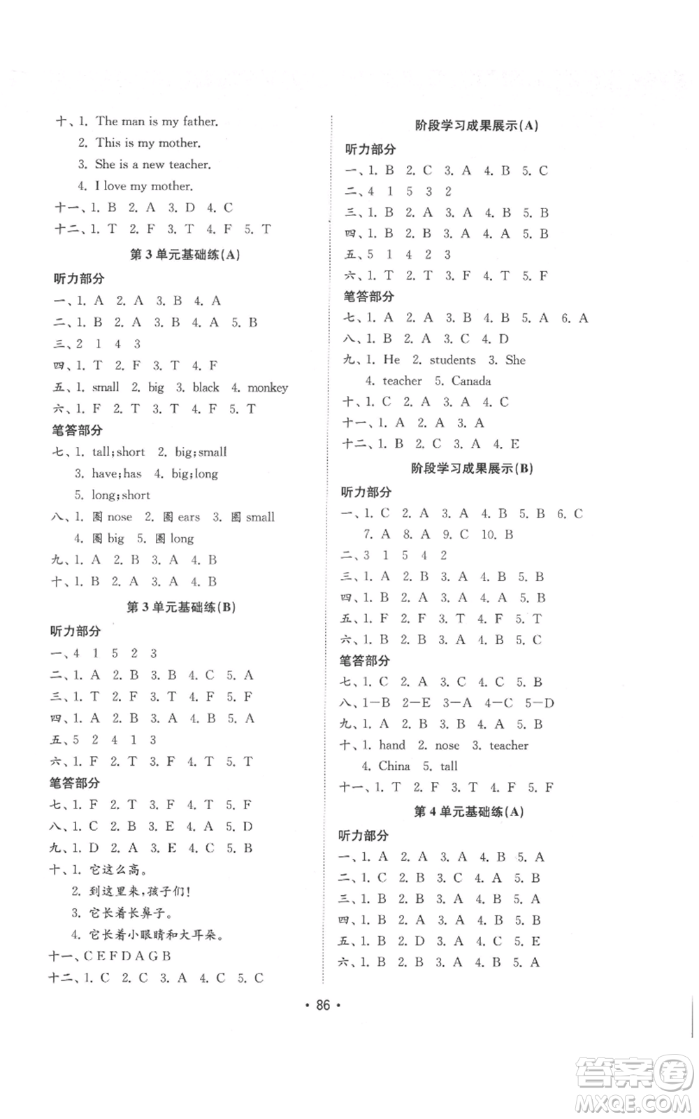山東教育出版社2022金鑰匙小學(xué)英語試卷基礎(chǔ)練三年級(jí)下冊(cè)人教版參考答案