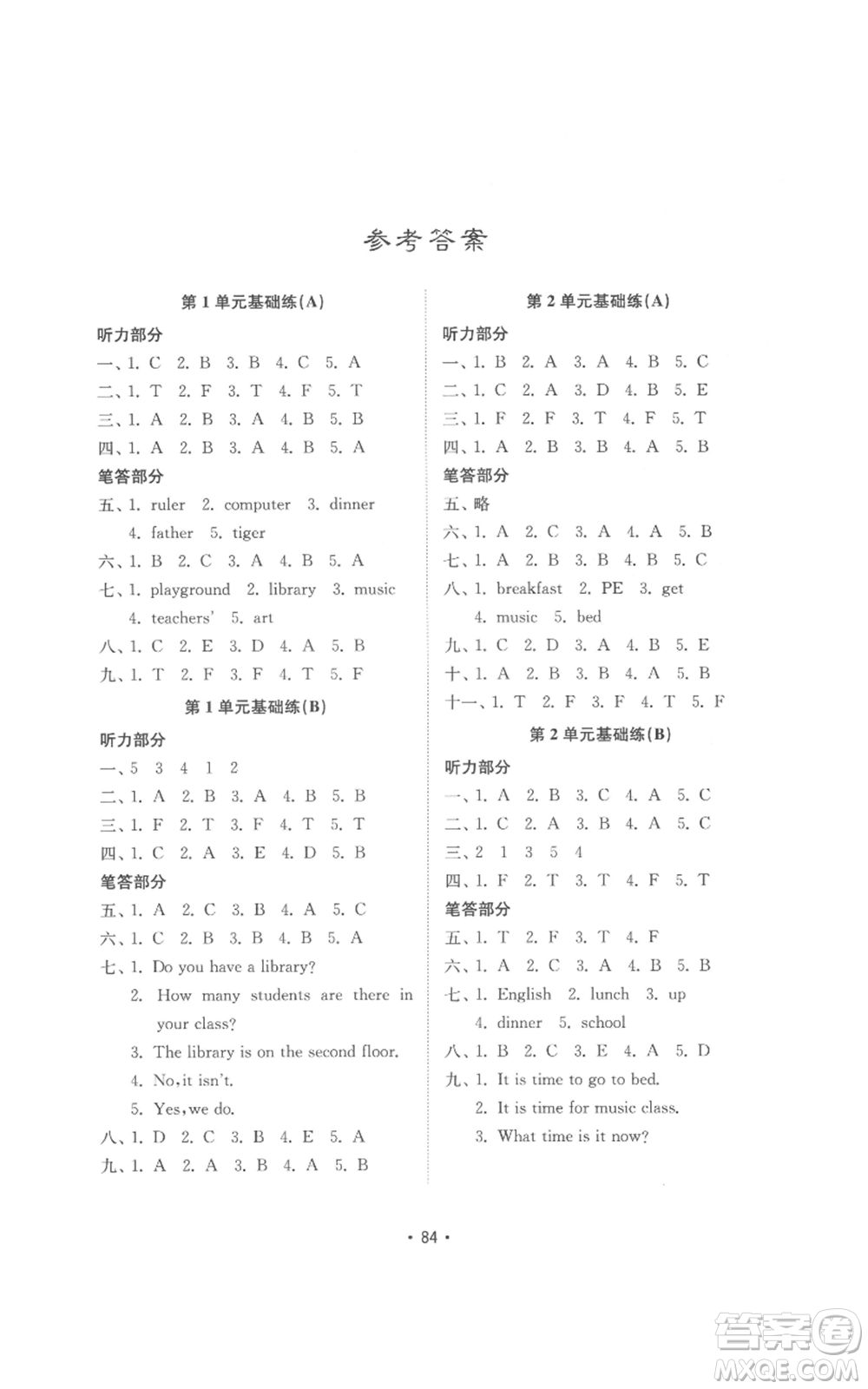 山東教育出版社2022金鑰匙小學(xué)英語試卷基礎(chǔ)練四年級(jí)下冊人教版參考答案