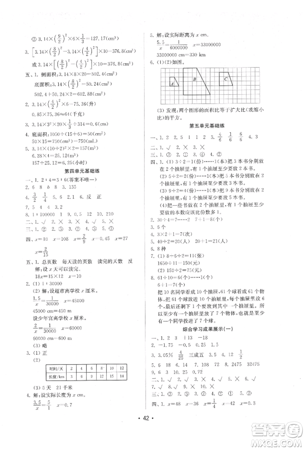 山東教育出版社2022金鑰匙小學(xué)數(shù)學(xué)試卷基礎(chǔ)練六年級下冊人教版參考答案