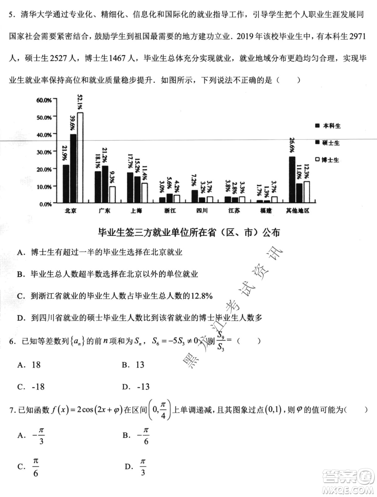 哈爾濱市第六中學(xué)2019級(jí)高三第一次模擬考試?yán)頂?shù)試卷及答案