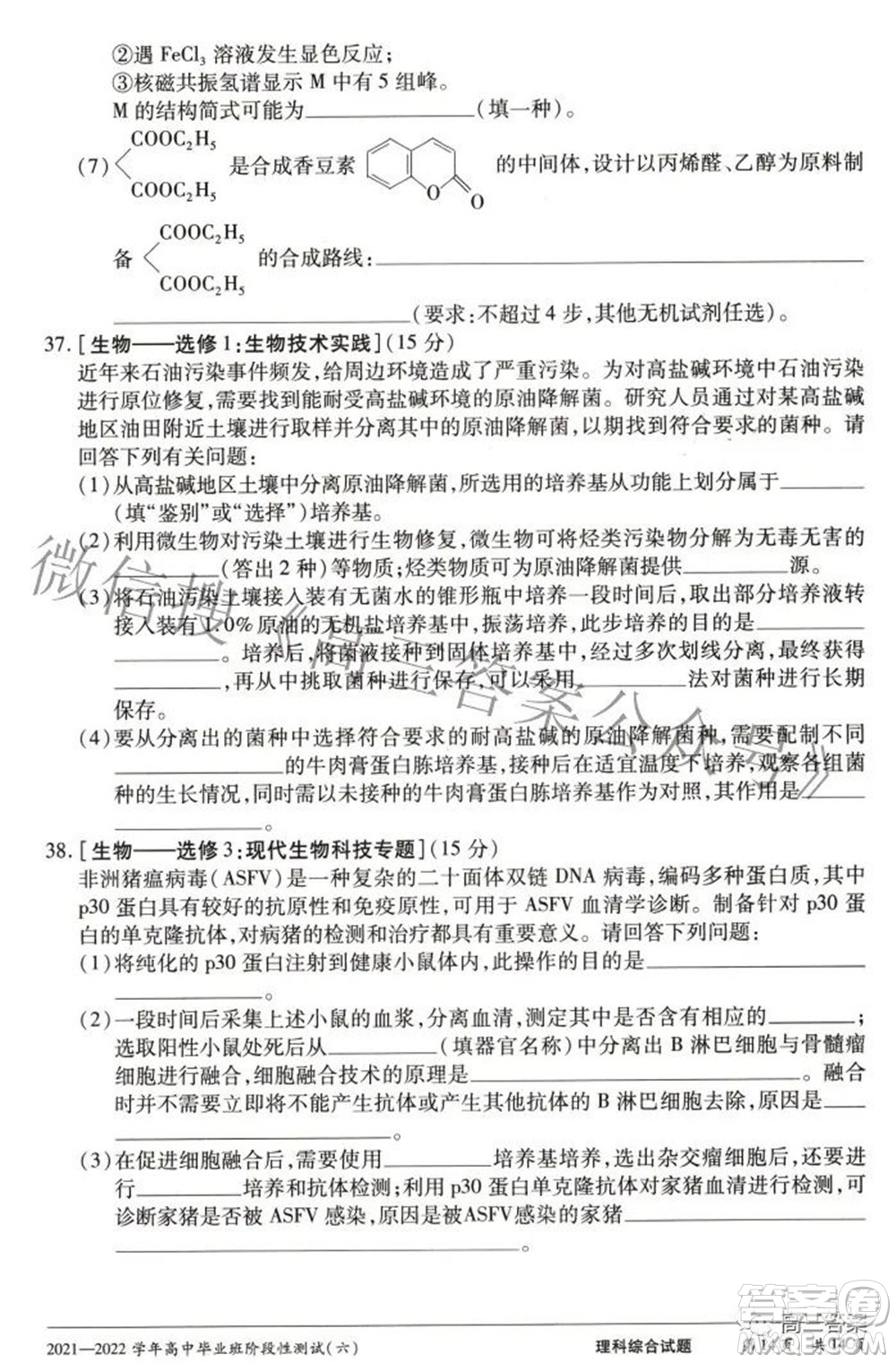 天一大聯(lián)考2021-2022學(xué)年高中畢業(yè)班階段測(cè)試六理科綜合試題及答案
