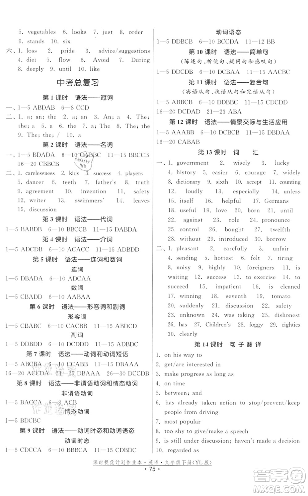 福建人民出版社2022課時(shí)提優(yōu)計(jì)劃作業(yè)本九年級(jí)英語(yǔ)下冊(cè)YL譯林版答案