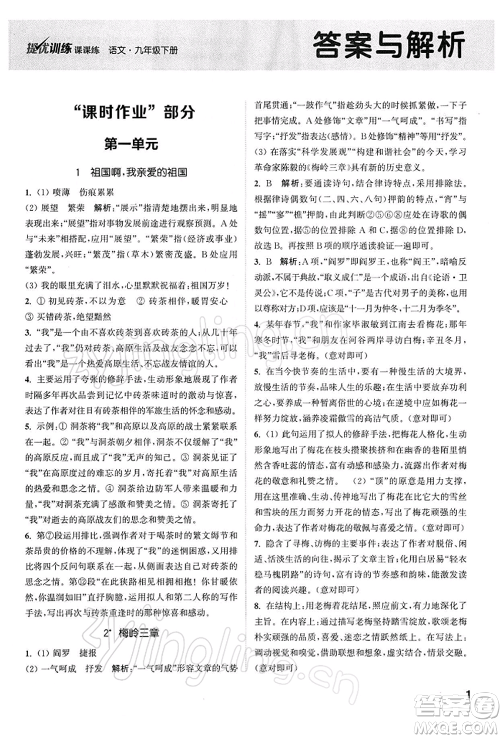 南京大學(xué)出版社2022提優(yōu)訓(xùn)練課課練九年級下冊語文人教版徐州專版參考答案