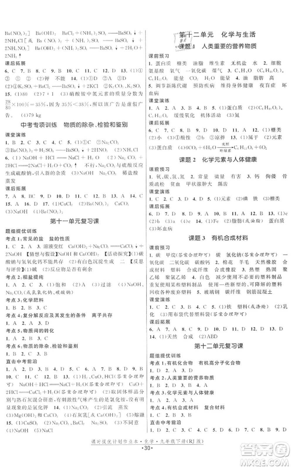 江蘇人民出版社2022課時(shí)提優(yōu)計(jì)劃作業(yè)本九年級(jí)化學(xué)下冊(cè)RJ人教版答案