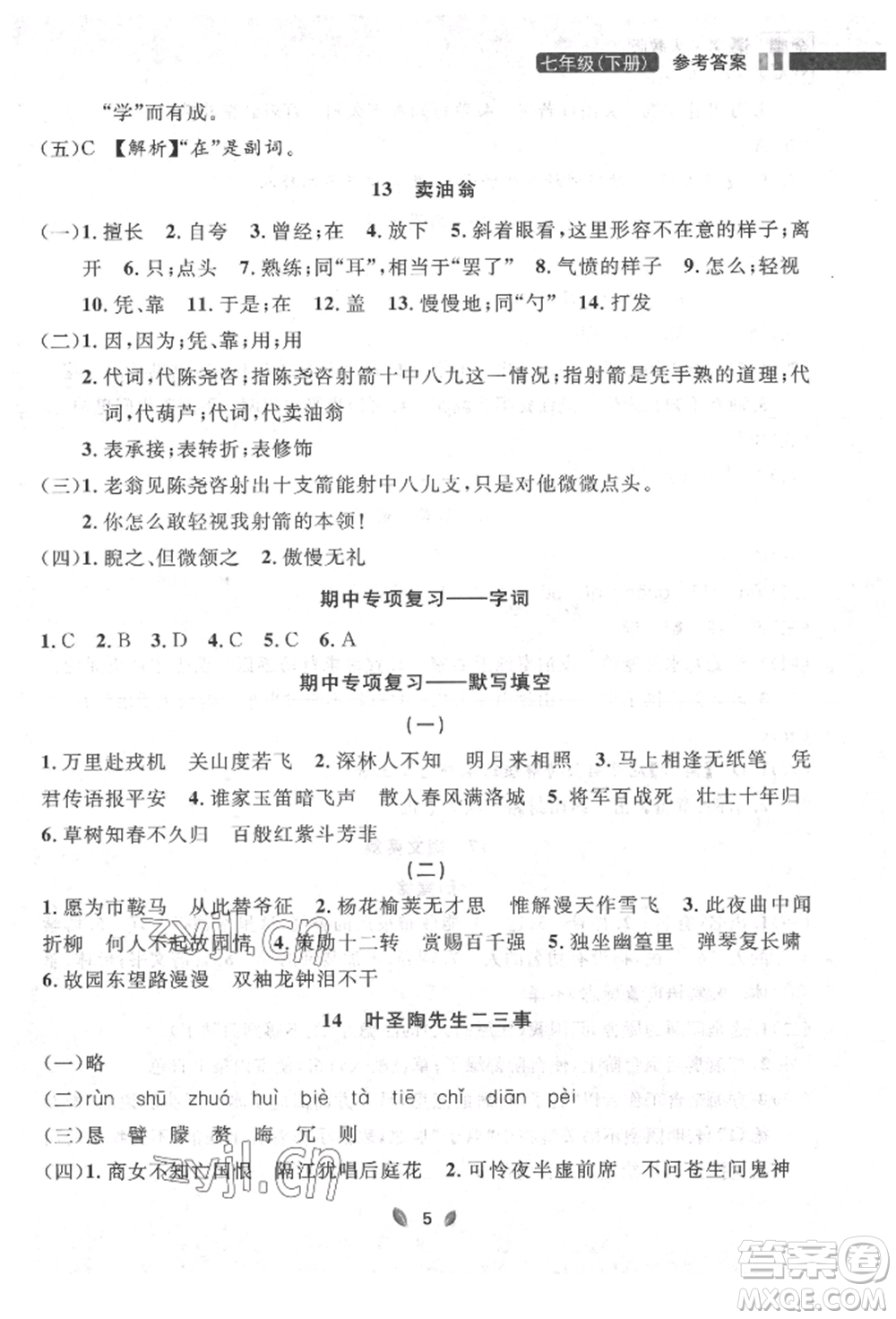 延邊大學出版社2022點石成金金牌奪冠七年級下冊語文人教版參考答案