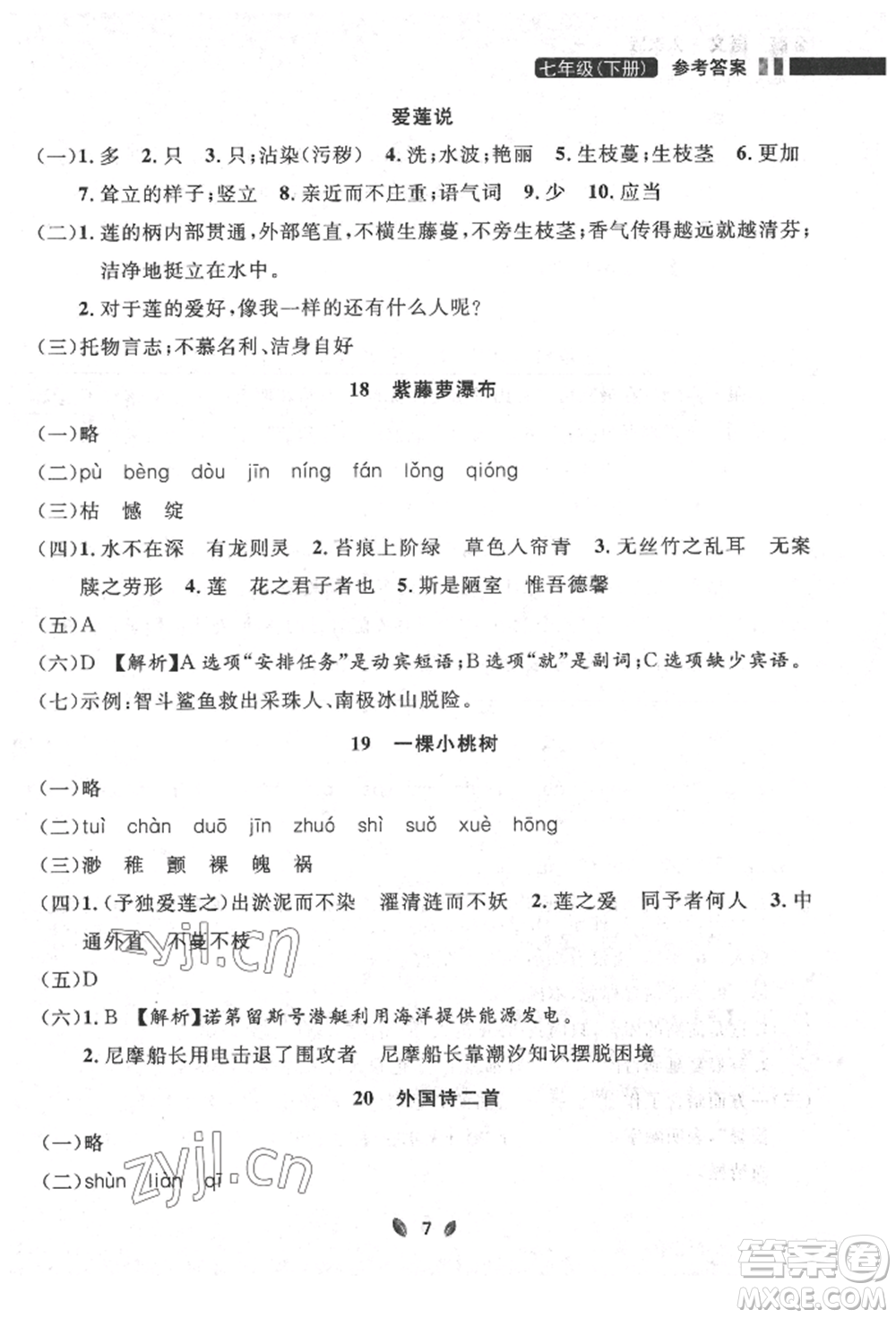 延邊大學出版社2022點石成金金牌奪冠七年級下冊語文人教版參考答案