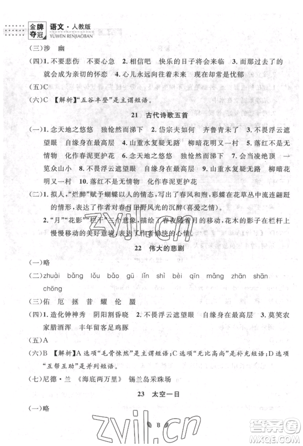 延邊大學出版社2022點石成金金牌奪冠七年級下冊語文人教版參考答案