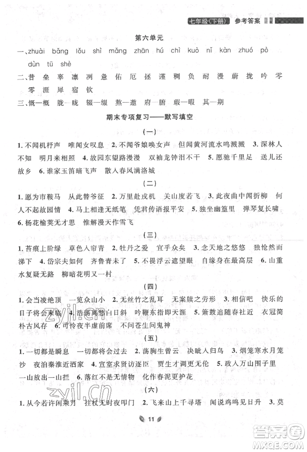 延邊大學出版社2022點石成金金牌奪冠七年級下冊語文人教版參考答案