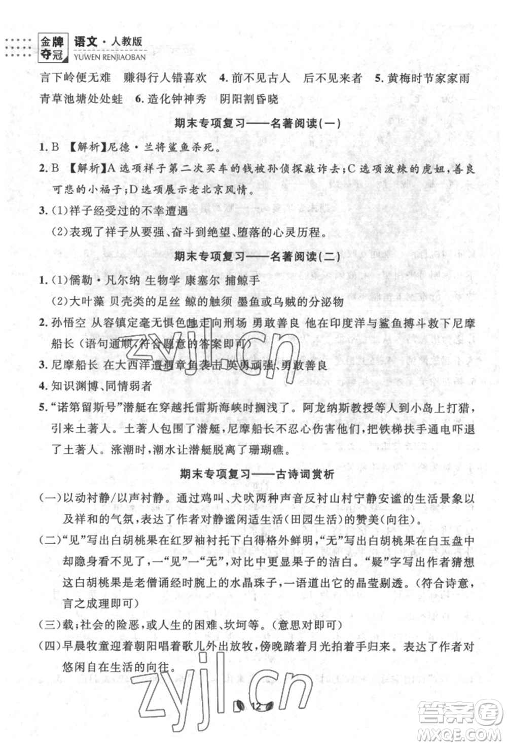 延邊大學出版社2022點石成金金牌奪冠七年級下冊語文人教版參考答案