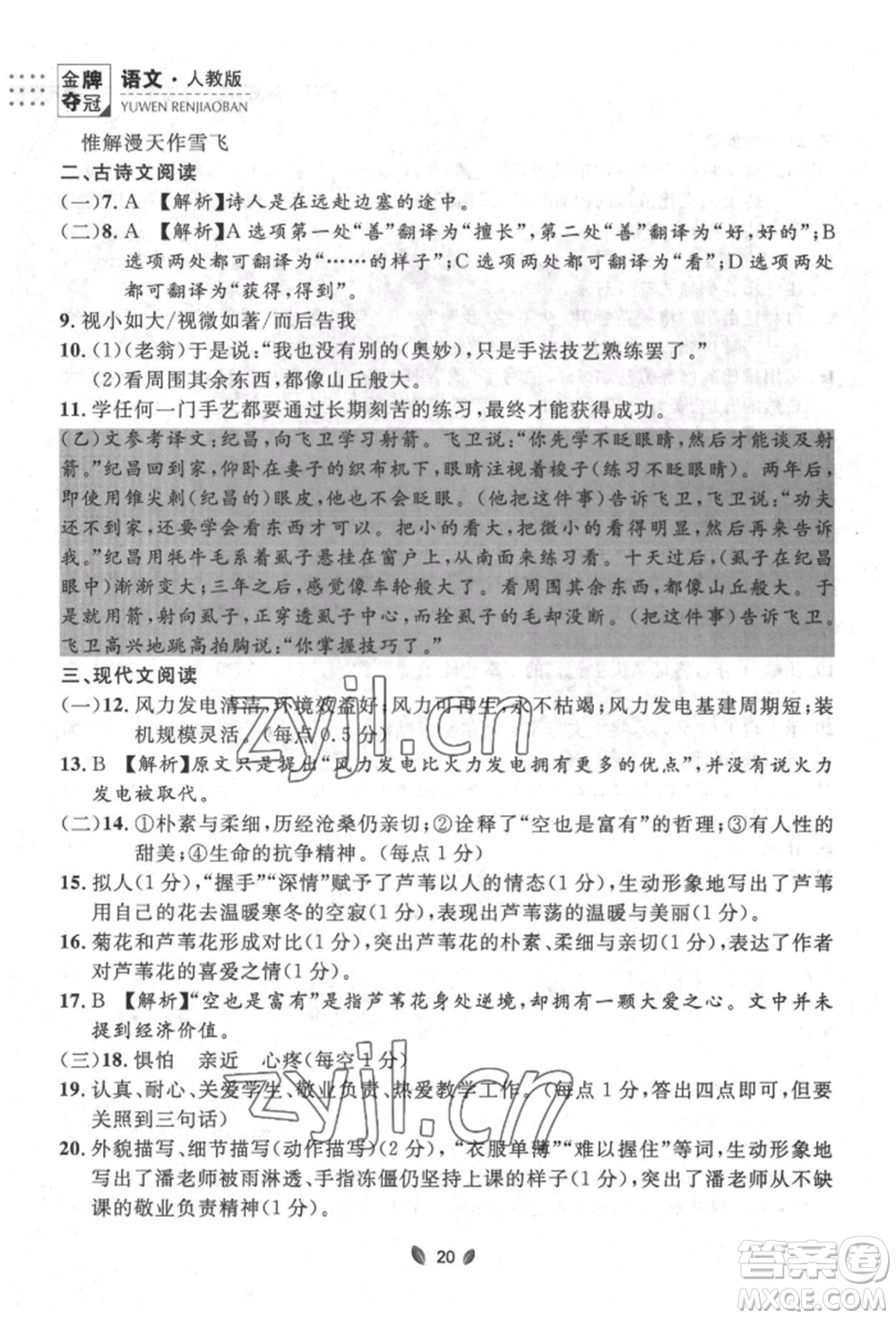 延邊大學出版社2022點石成金金牌奪冠七年級下冊語文人教版參考答案