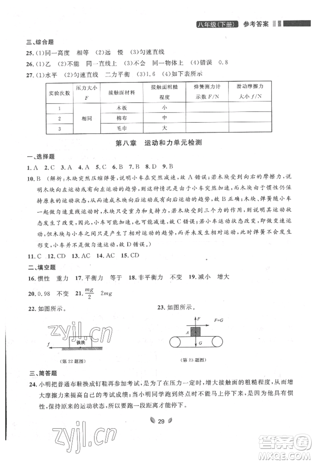 延邊大學(xué)出版社2022點(diǎn)石成金金牌奪冠八年級(jí)下冊(cè)物理人教版大連專版參考答案