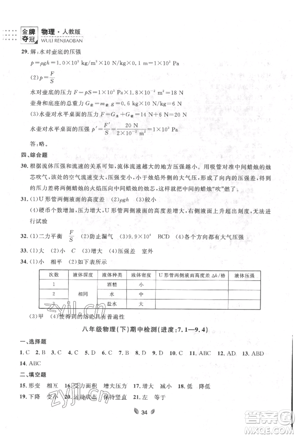 延邊大學(xué)出版社2022點(diǎn)石成金金牌奪冠八年級(jí)下冊(cè)物理人教版大連專版參考答案
