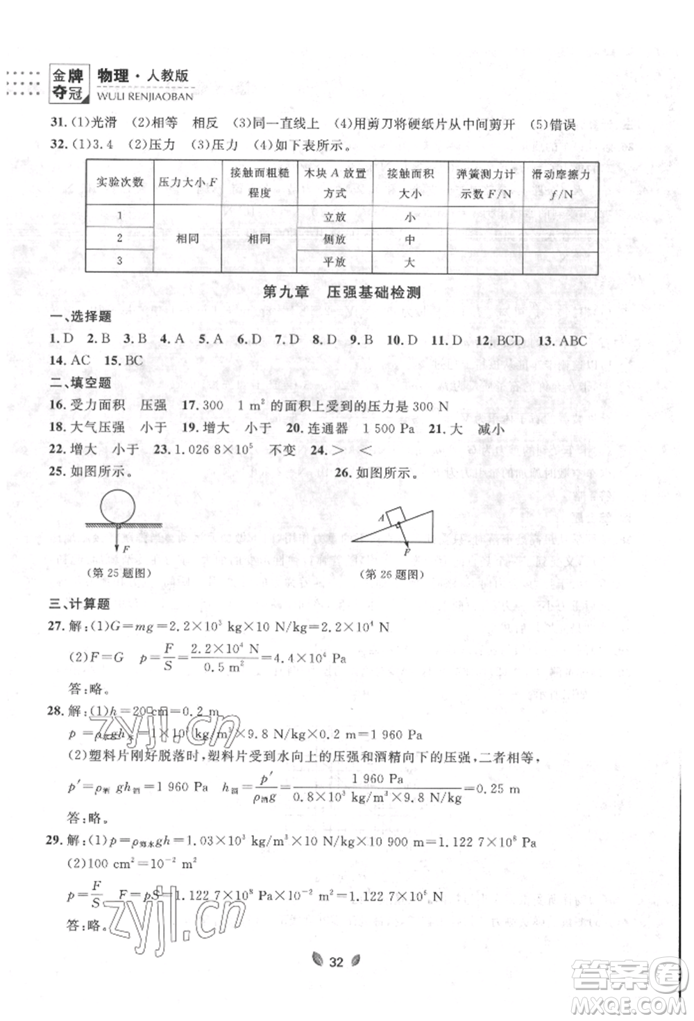 延邊大學(xué)出版社2022點(diǎn)石成金金牌奪冠八年級(jí)下冊(cè)物理人教版大連專版參考答案