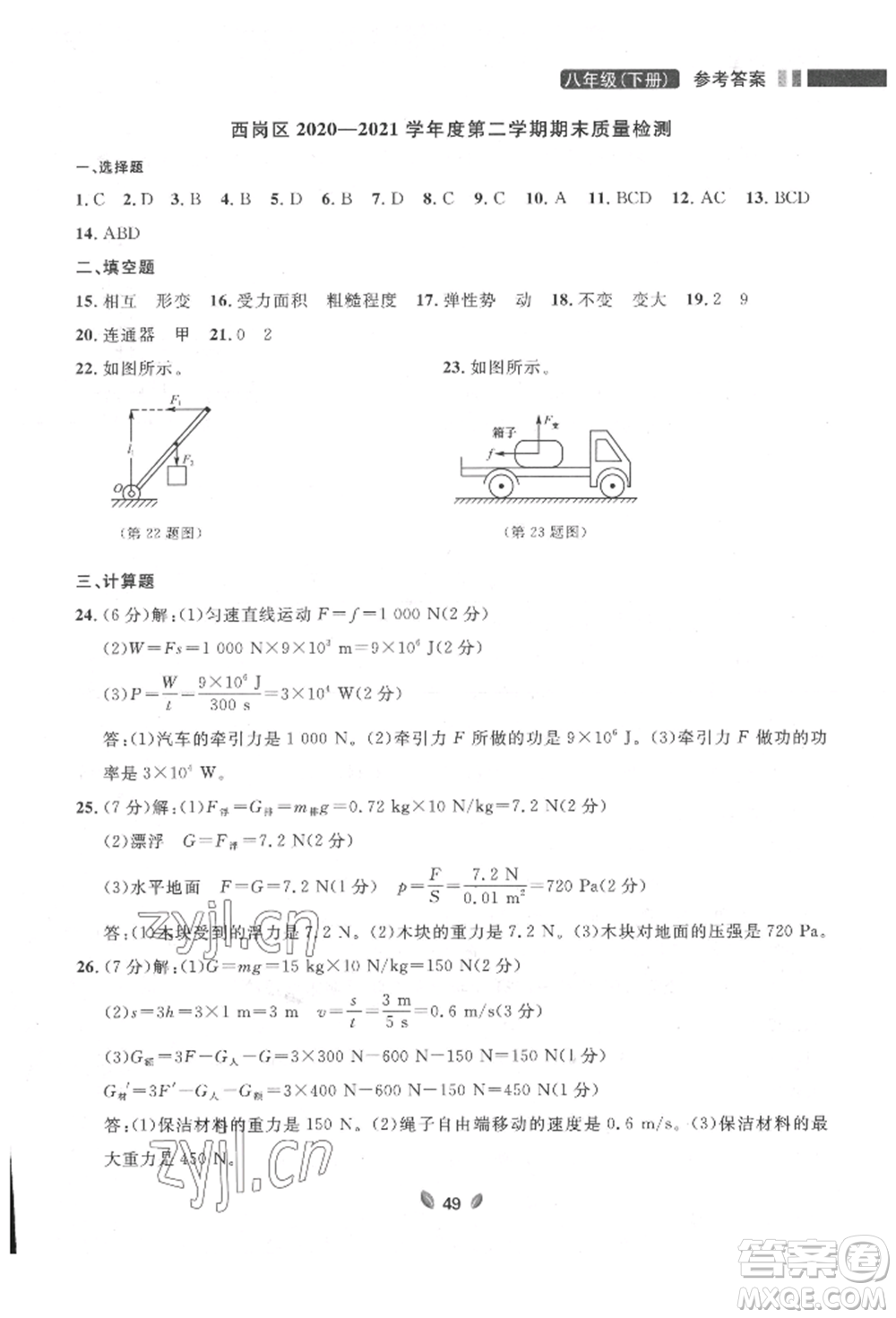 延邊大學(xué)出版社2022點(diǎn)石成金金牌奪冠八年級(jí)下冊(cè)物理人教版大連專版參考答案