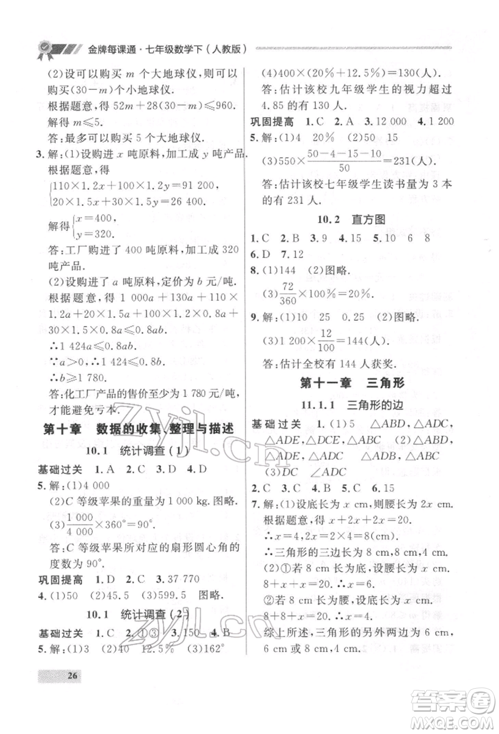 延邊大學(xué)出版社2022點(diǎn)石成金金牌每課通七年級下冊數(shù)學(xué)人教版參考答案