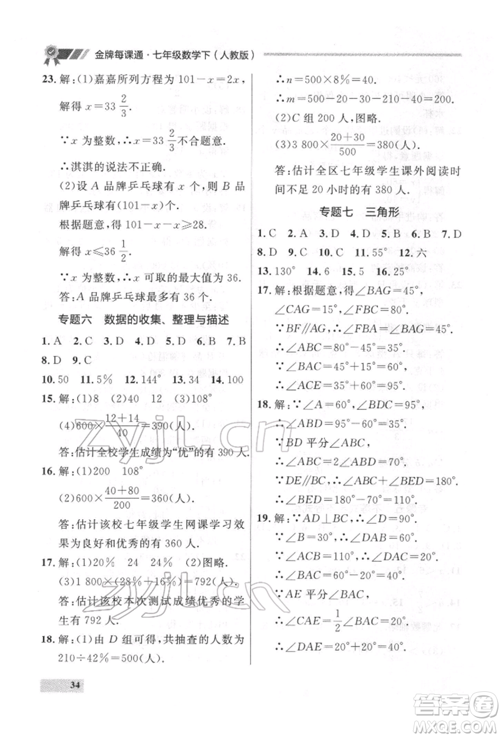 延邊大學(xué)出版社2022點(diǎn)石成金金牌每課通七年級下冊數(shù)學(xué)人教版參考答案