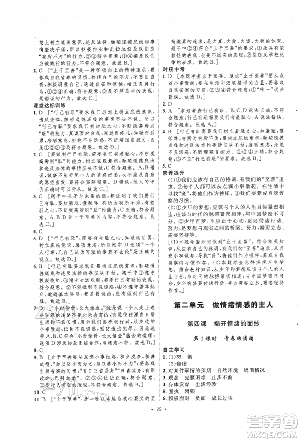 陜西人民出版社2022實(shí)驗(yàn)教材新學(xué)案七年級(jí)下冊(cè)道德與法治人教版參考答案