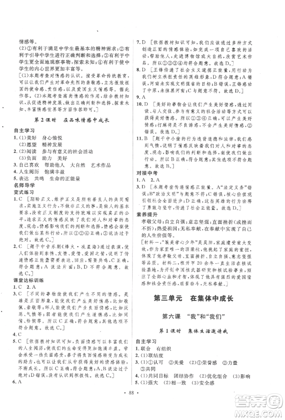 陜西人民出版社2022實(shí)驗(yàn)教材新學(xué)案七年級(jí)下冊(cè)道德與法治人教版參考答案