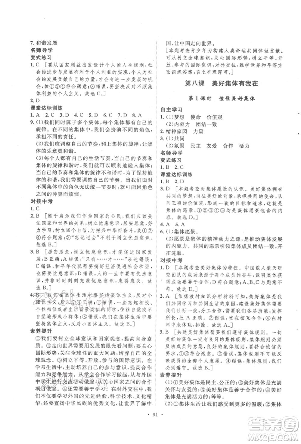 陜西人民出版社2022實(shí)驗(yàn)教材新學(xué)案七年級(jí)下冊(cè)道德與法治人教版參考答案