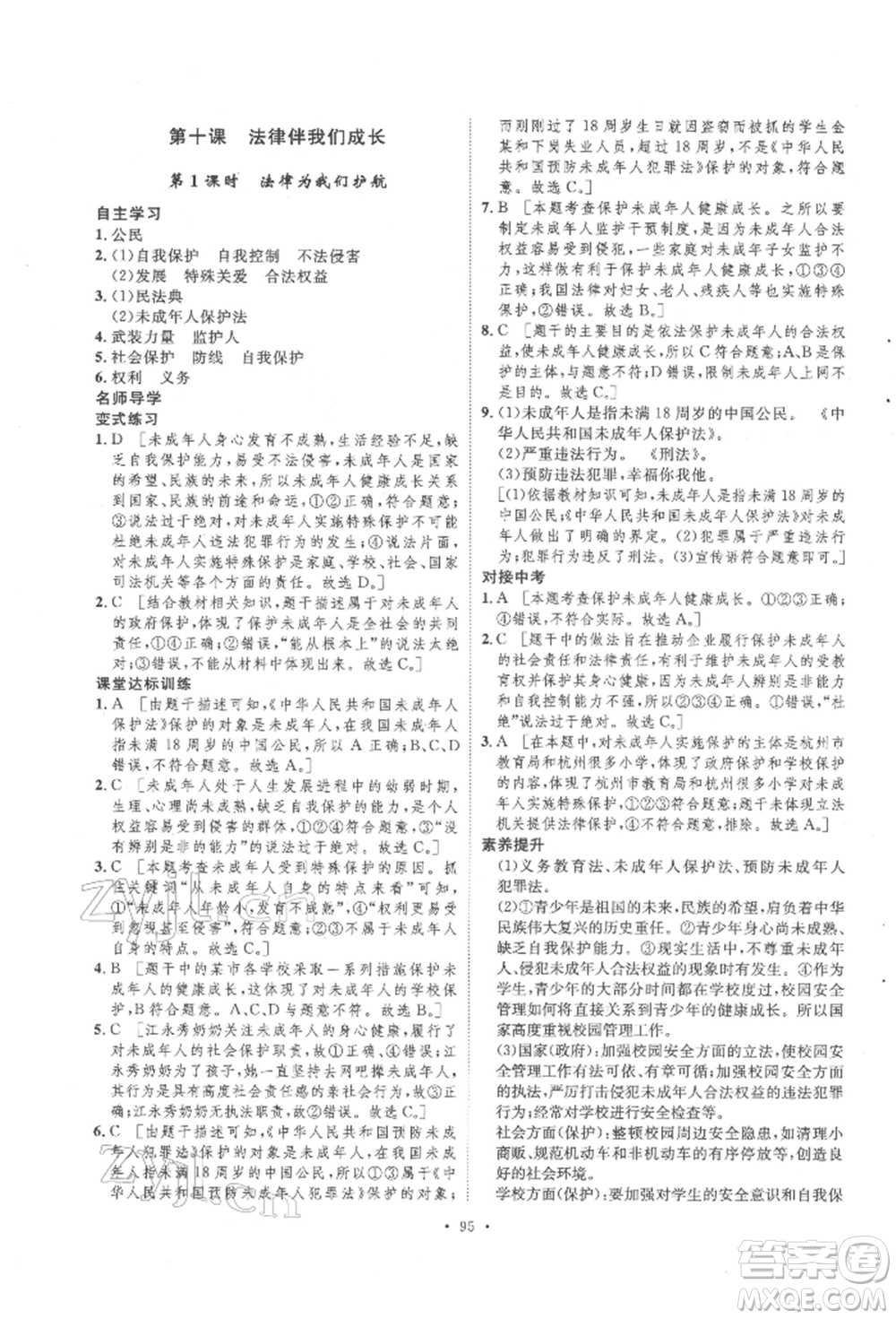 陜西人民出版社2022實(shí)驗(yàn)教材新學(xué)案七年級(jí)下冊(cè)道德與法治人教版參考答案