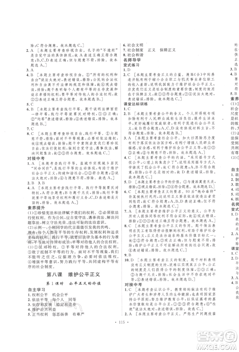 陜西人民出版社2022實驗教材新學案八年級下冊道德與法治人教版參考答案