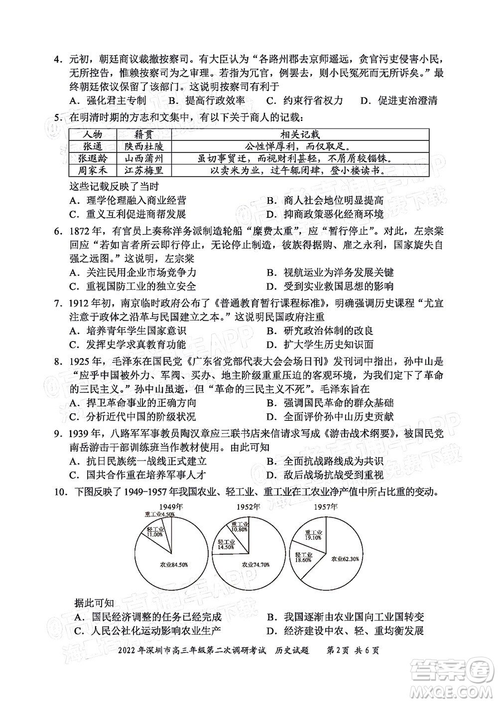 2022年深圳市高三年級第二次調(diào)研考試歷史試題及答案