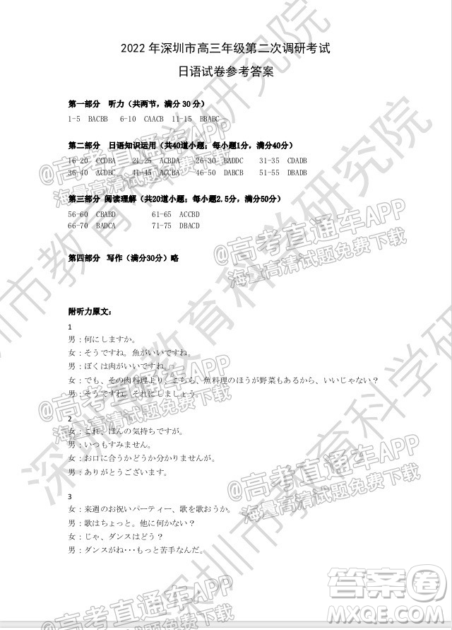 2022年深圳市高三年級(jí)第二次調(diào)研考試日語試題及答案