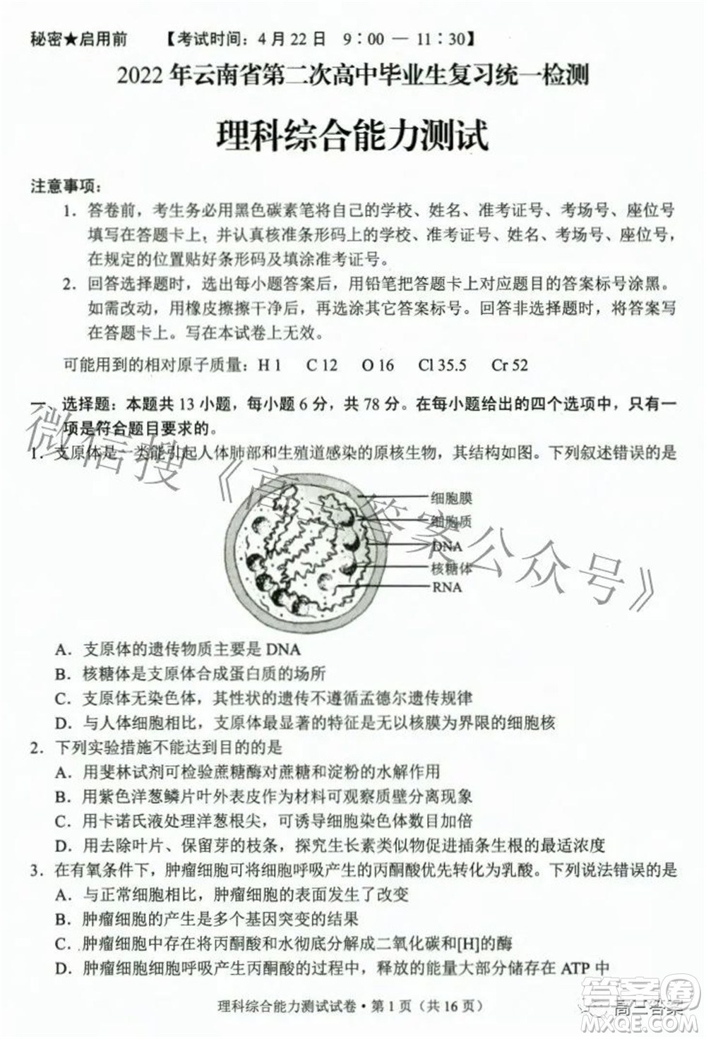 2022年云南省第二次高中畢業(yè)生復(fù)習(xí)統(tǒng)一檢測(cè)理科綜合試題及答案