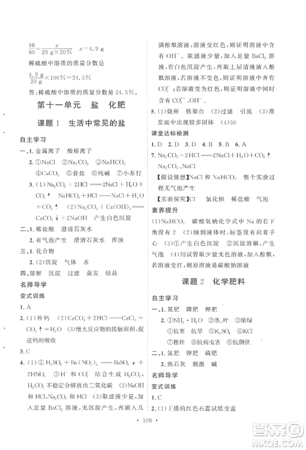 陜西人民出版社2022實(shí)驗(yàn)教材新學(xué)案九年級(jí)下冊(cè)化學(xué)人教版參考答案