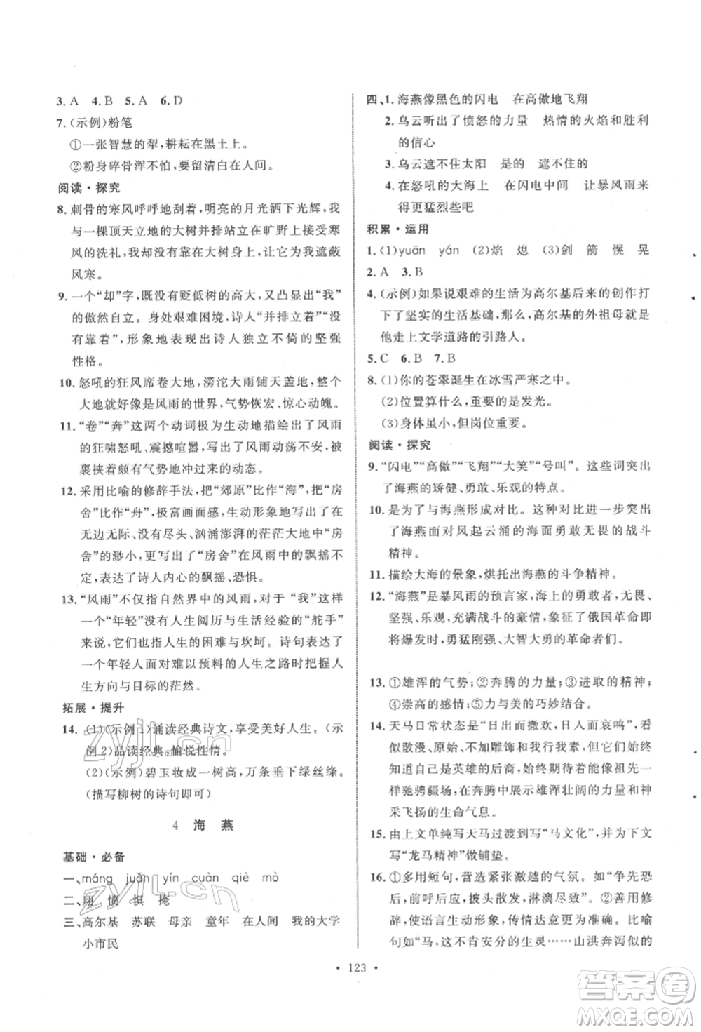 陜西人民出版社2022實(shí)驗(yàn)教材新學(xué)案九年級下冊語文人教版參考答案