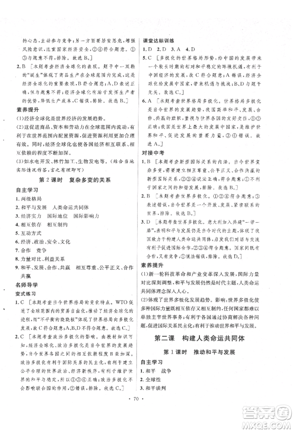 陜西人民出版社2022實(shí)驗(yàn)教材新學(xué)案九年級(jí)下冊道德與法治人教版參考答案