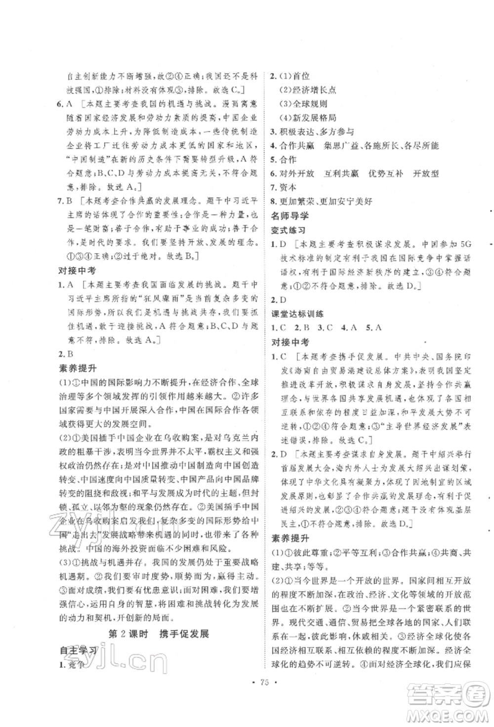 陜西人民出版社2022實(shí)驗(yàn)教材新學(xué)案九年級(jí)下冊道德與法治人教版參考答案