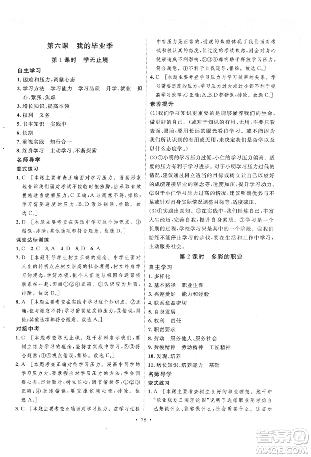 陜西人民出版社2022實(shí)驗(yàn)教材新學(xué)案九年級(jí)下冊道德與法治人教版參考答案
