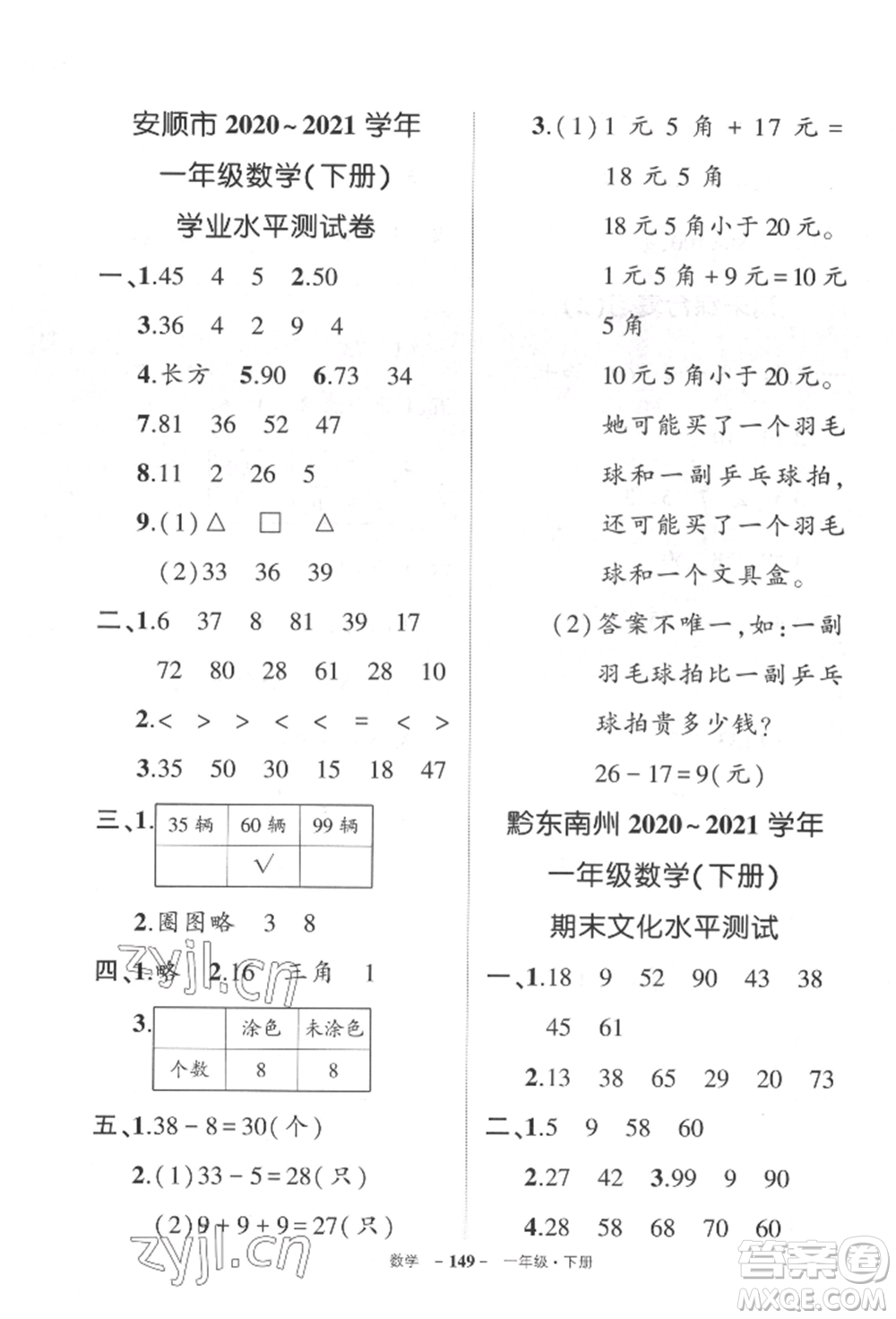 武漢出版社2022狀元成才路創(chuàng)優(yōu)作業(yè)100分一年級(jí)下冊(cè)數(shù)學(xué)人教版貴州專版參考答案