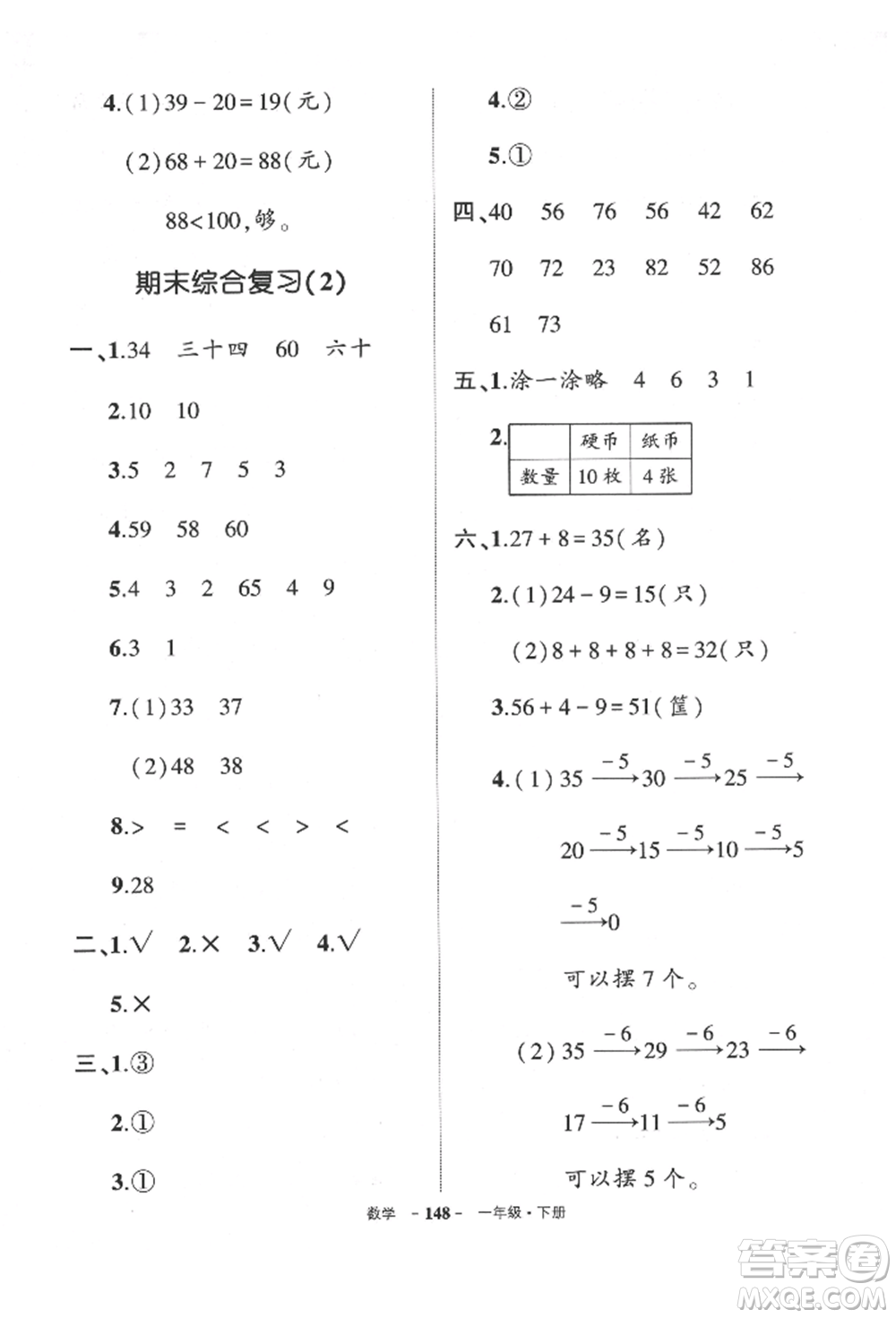 武漢出版社2022狀元成才路創(chuàng)優(yōu)作業(yè)100分一年級(jí)下冊(cè)數(shù)學(xué)人教版貴州專版參考答案
