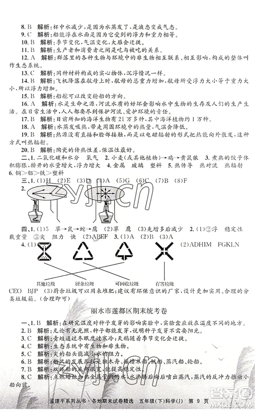浙江工商大學(xué)出版社2022孟建平各地期末試卷精選五年級(jí)科學(xué)下冊(cè)J教科版答案