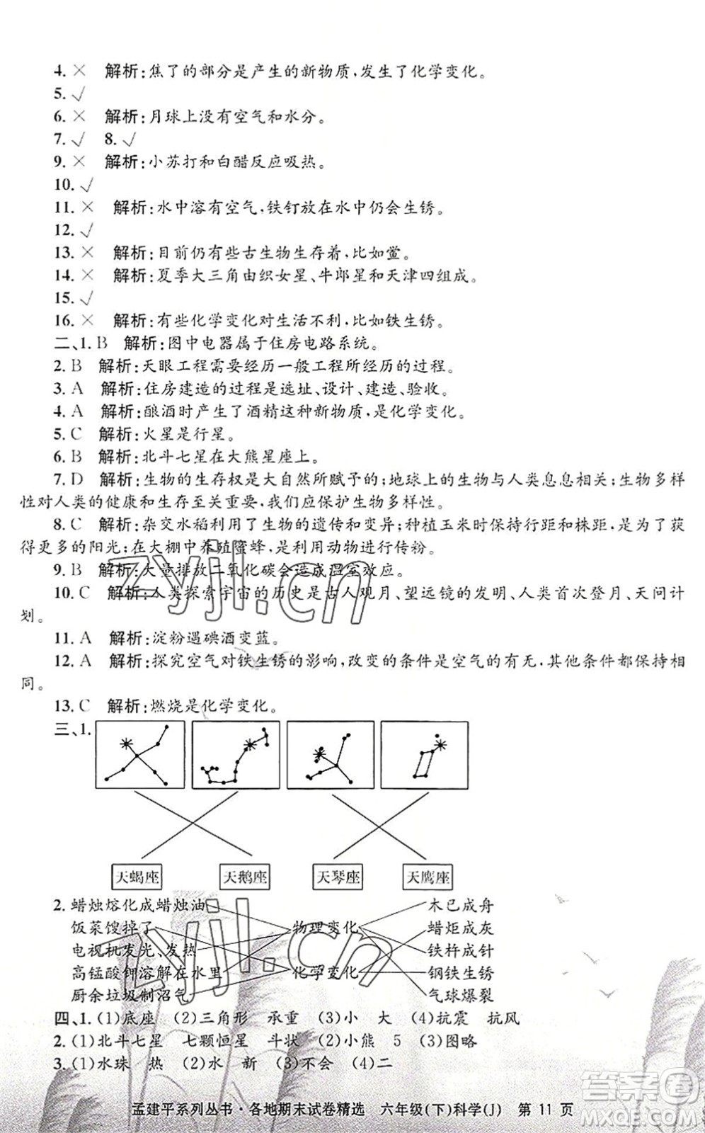 浙江工商大學(xué)出版社2022孟建平各地期末試卷精選六年級科學(xué)下冊J教科版答案