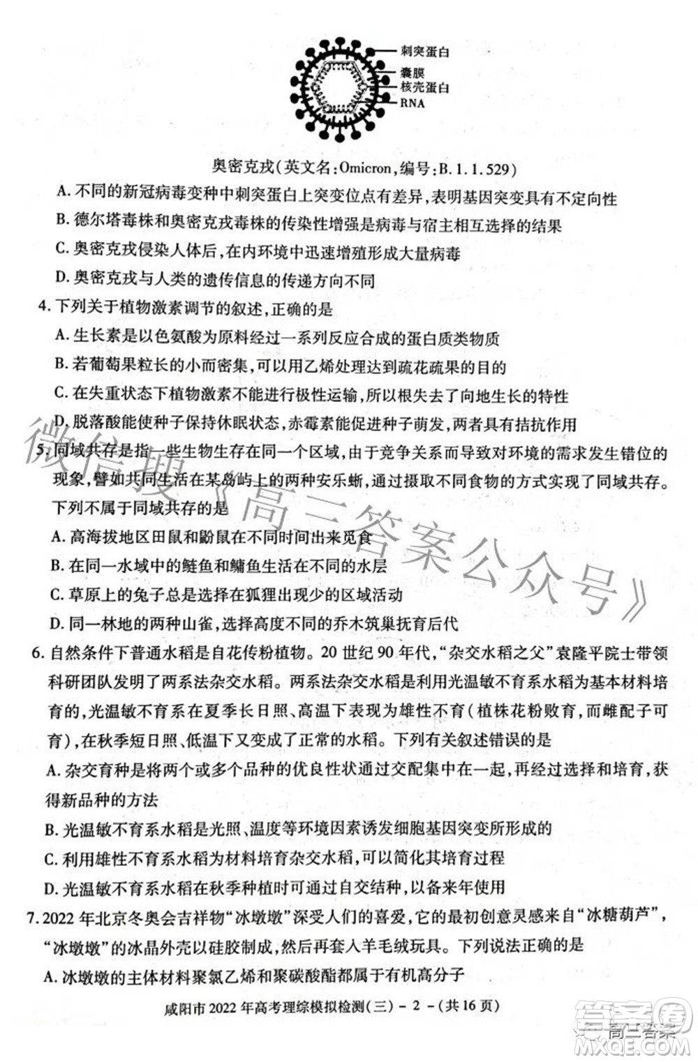 咸陽市2022年高考模擬檢測三理科綜合試題及答案
